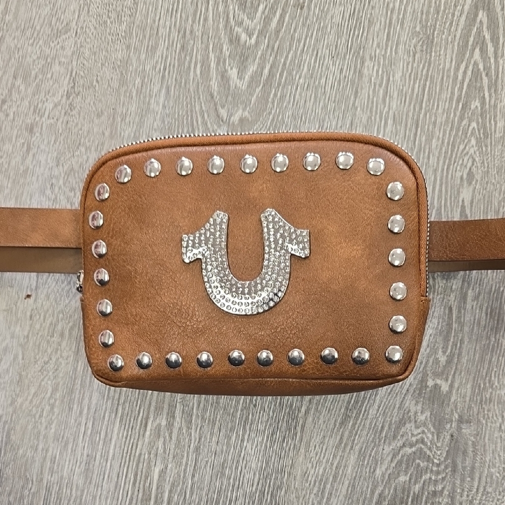 EUC TRUE RELIGION L/XL Brown Studded Belt Bag Purse with Silver Accents